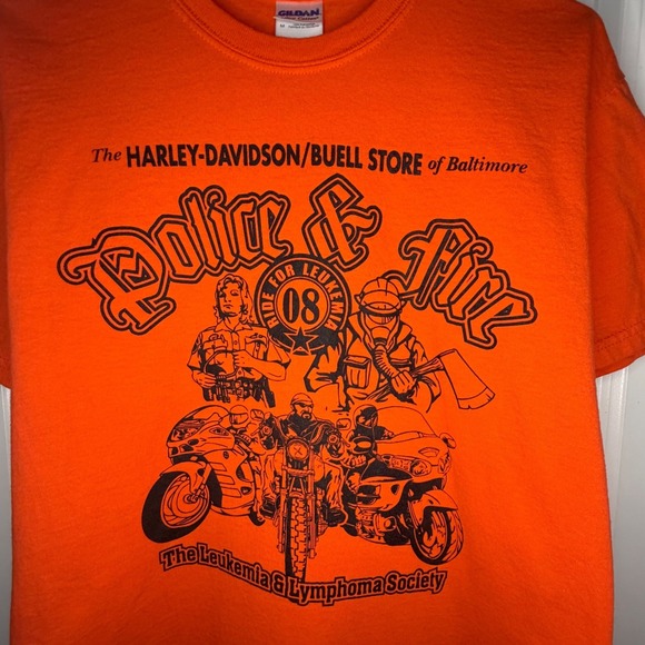 Gildan Other - Vintage Y2K Harley Davidson Police And Firefighter Orange T-Shirt Mens Medium